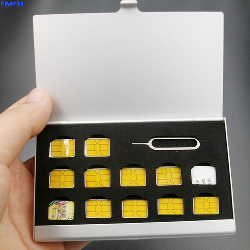 Sim Card Holder Case - 12-Slots-NANO+1-Slot-Card-Pin Aluminum Portable SIM Micro Pin