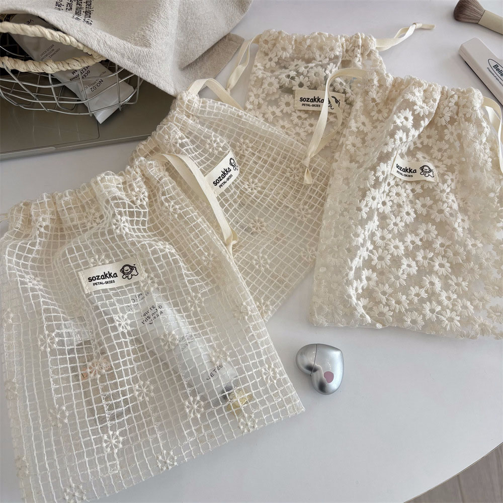Travel Accessories Pouch - Lace Embroidered Daisy Mesh Drawstring Makeup